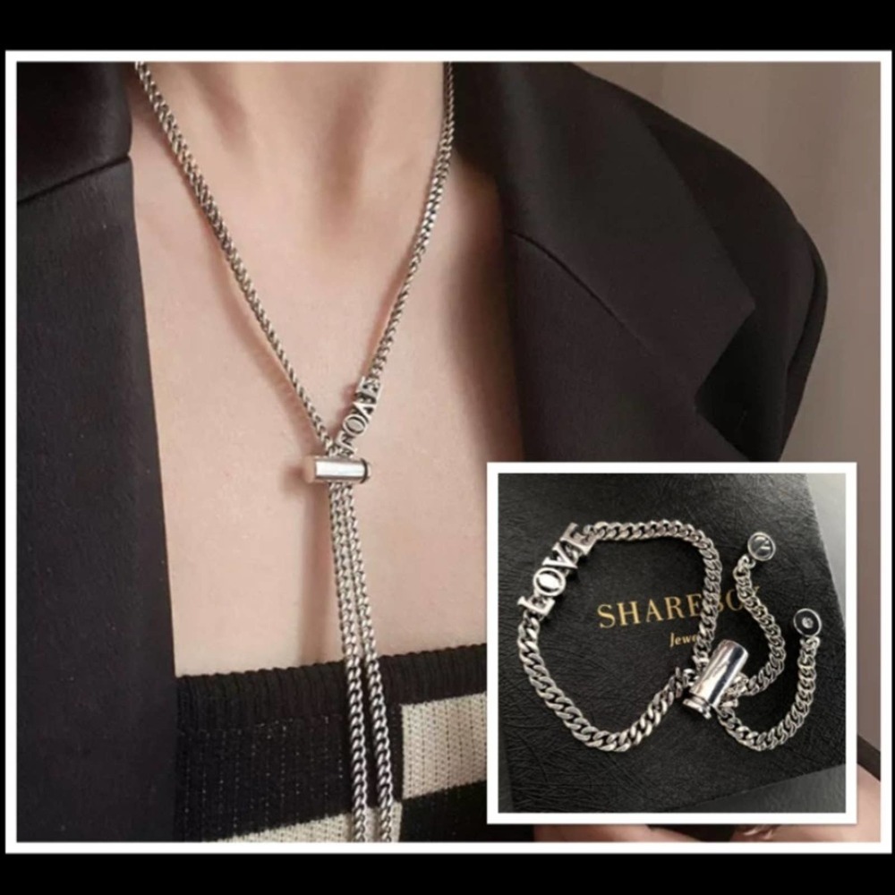 Sterling Silver Love Tassel Necklace Bracelet Matching Set